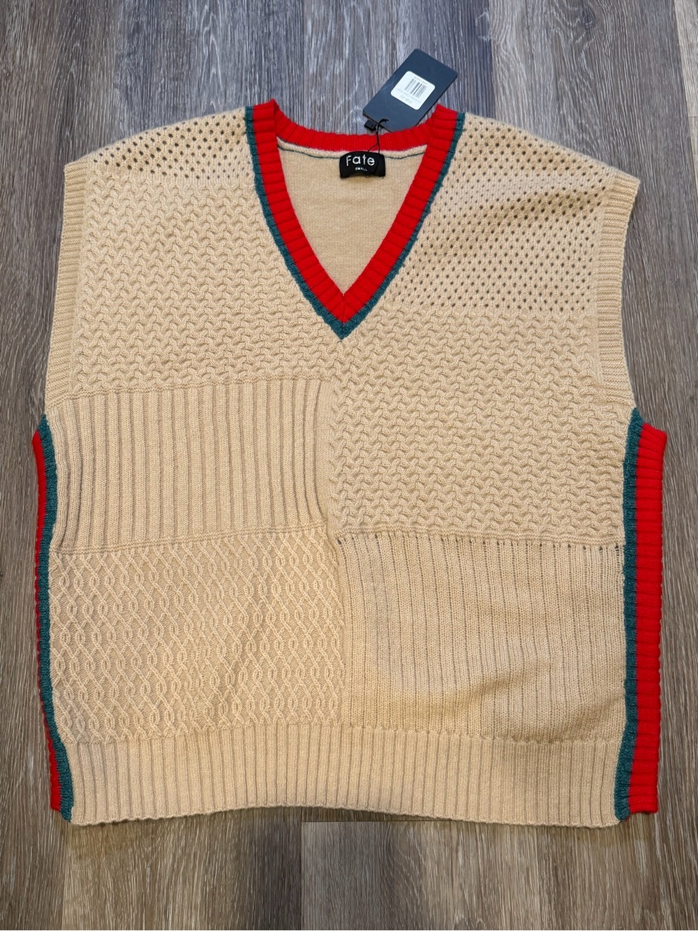 Fate Cream V-Neck Sweater Vest with Red and Green Trim